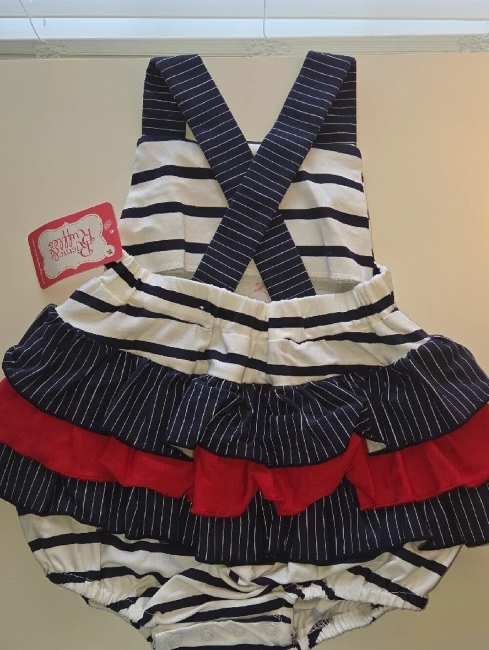 Ricrac & Ruffles Nautical Stripe Lobster Romper - Navy, White, Red NWT